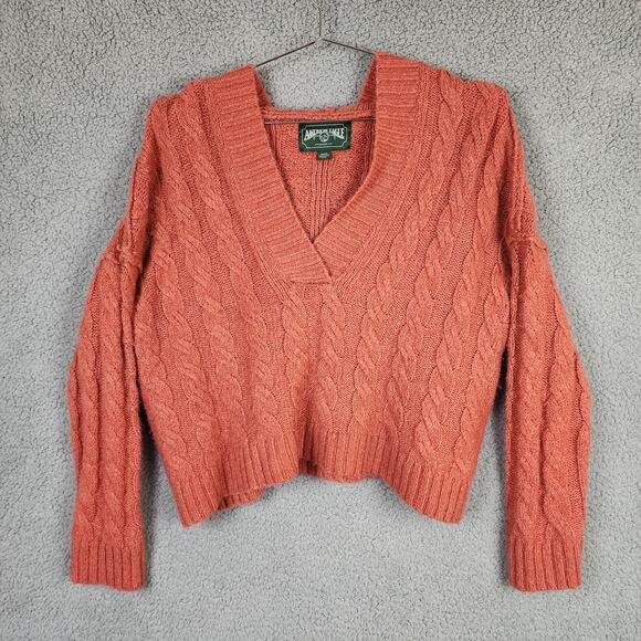 Womens American Eagle Orange V-neck Chunky Knit Hooded Sweater Sz Medium - Picture 1 of 7